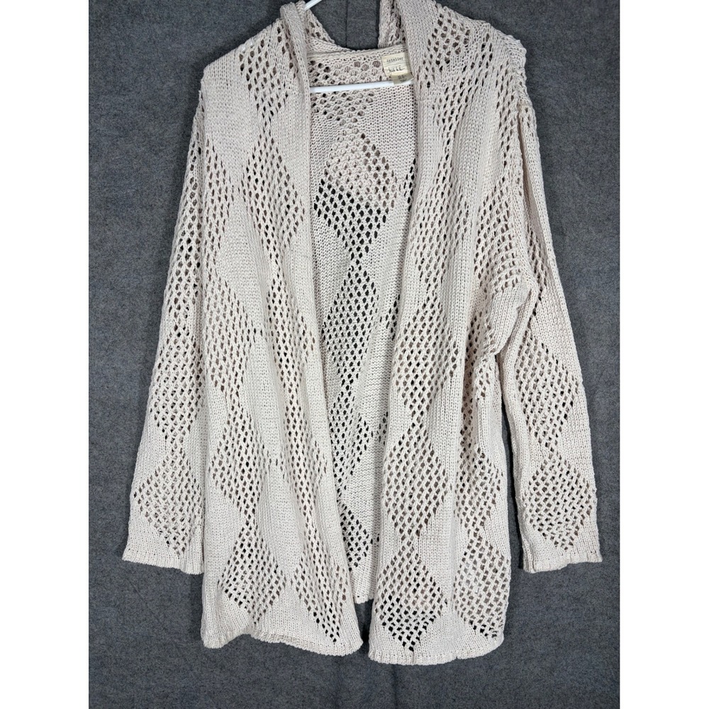 Artelier Nicole Miller Cream Diamond Open Knit Hooded Cardigan Sweater Medium